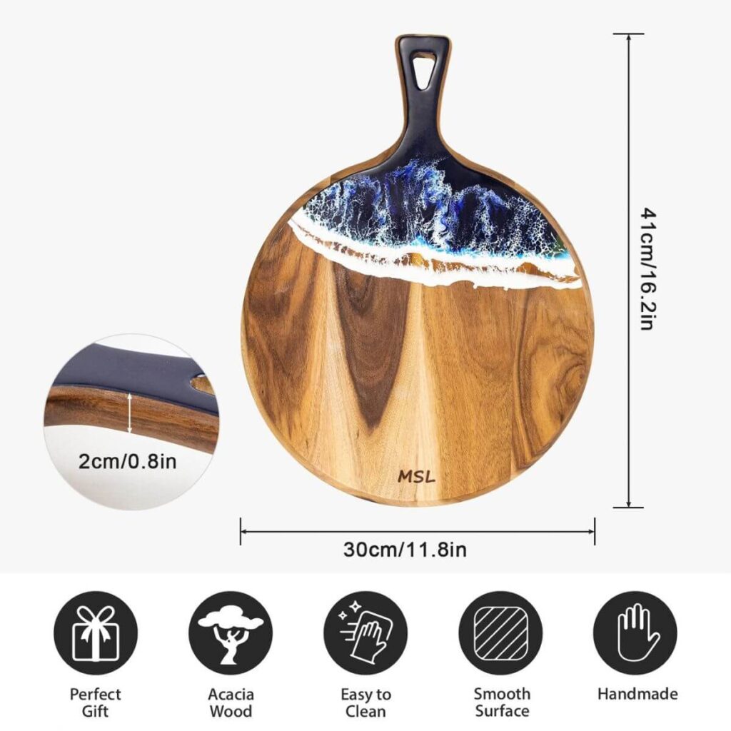 Round acacia resin serving board dimensions: 16.2 inch total length, 11.8 inch diameter, 0.8 inch thick.