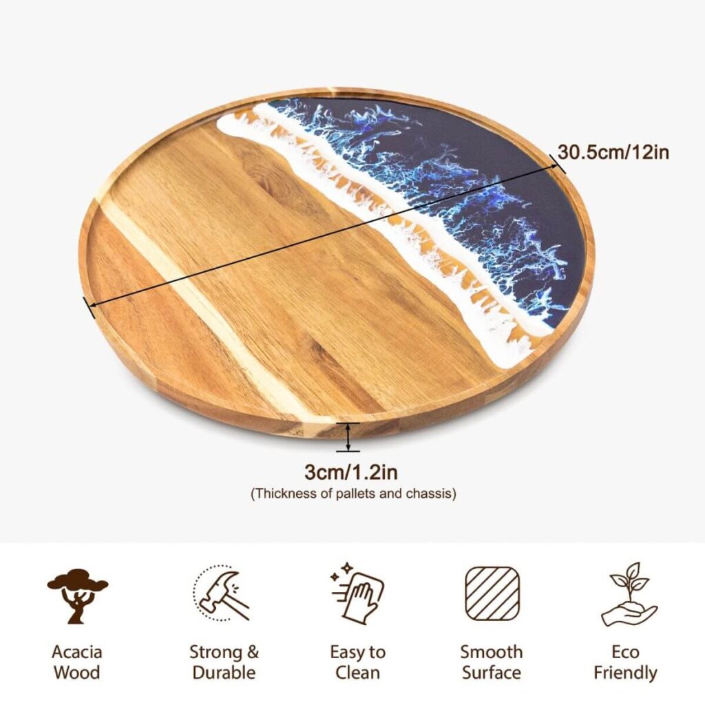 Round acacia resin serving tray dimensions: 12 inch diameter, 1.2 inch total height.
