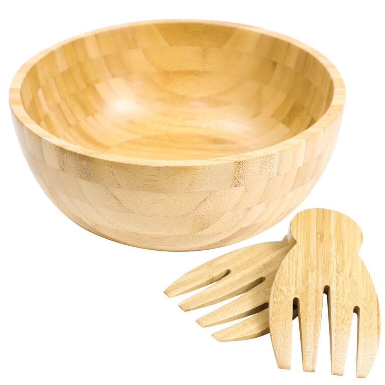Classic Round Bamboo Salad Bowl with Salad Hands