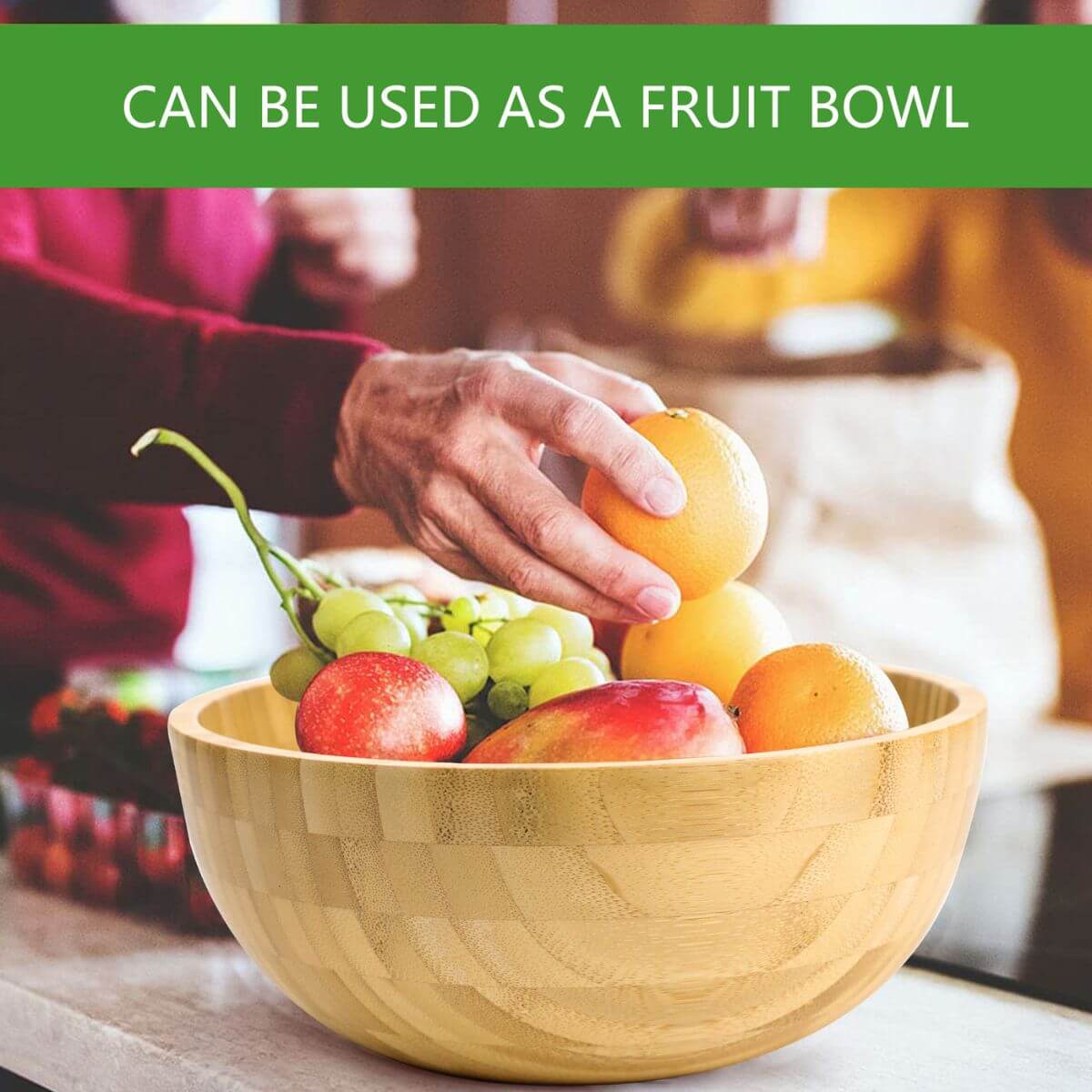 Round bamboo salad bowl can be used as a fruit bowl.