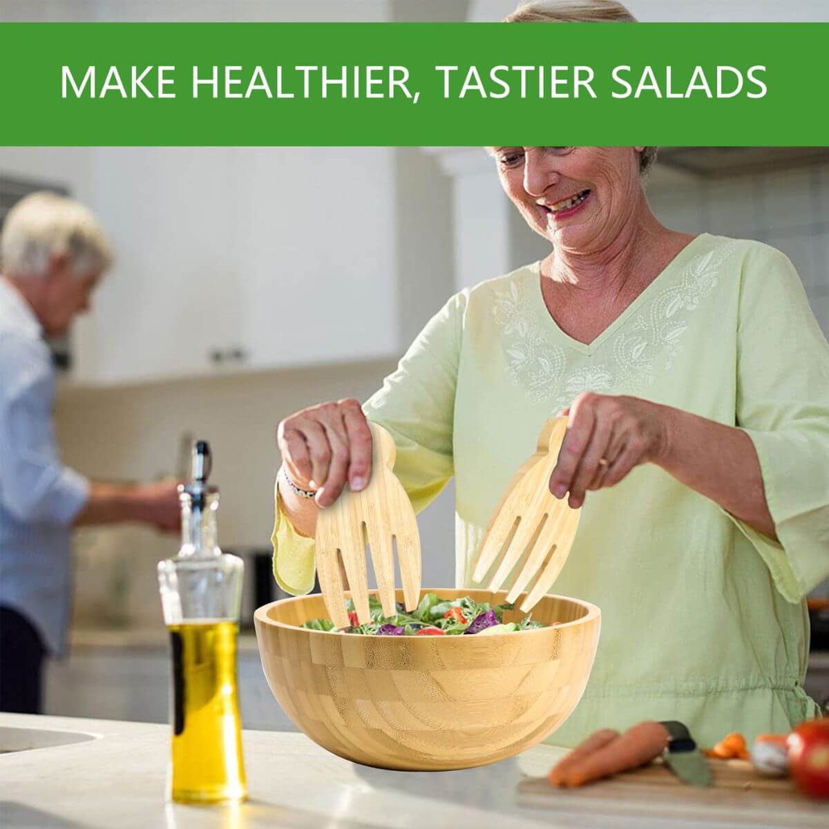Round bamboo salad bowl used for making healthier, tastier salads.