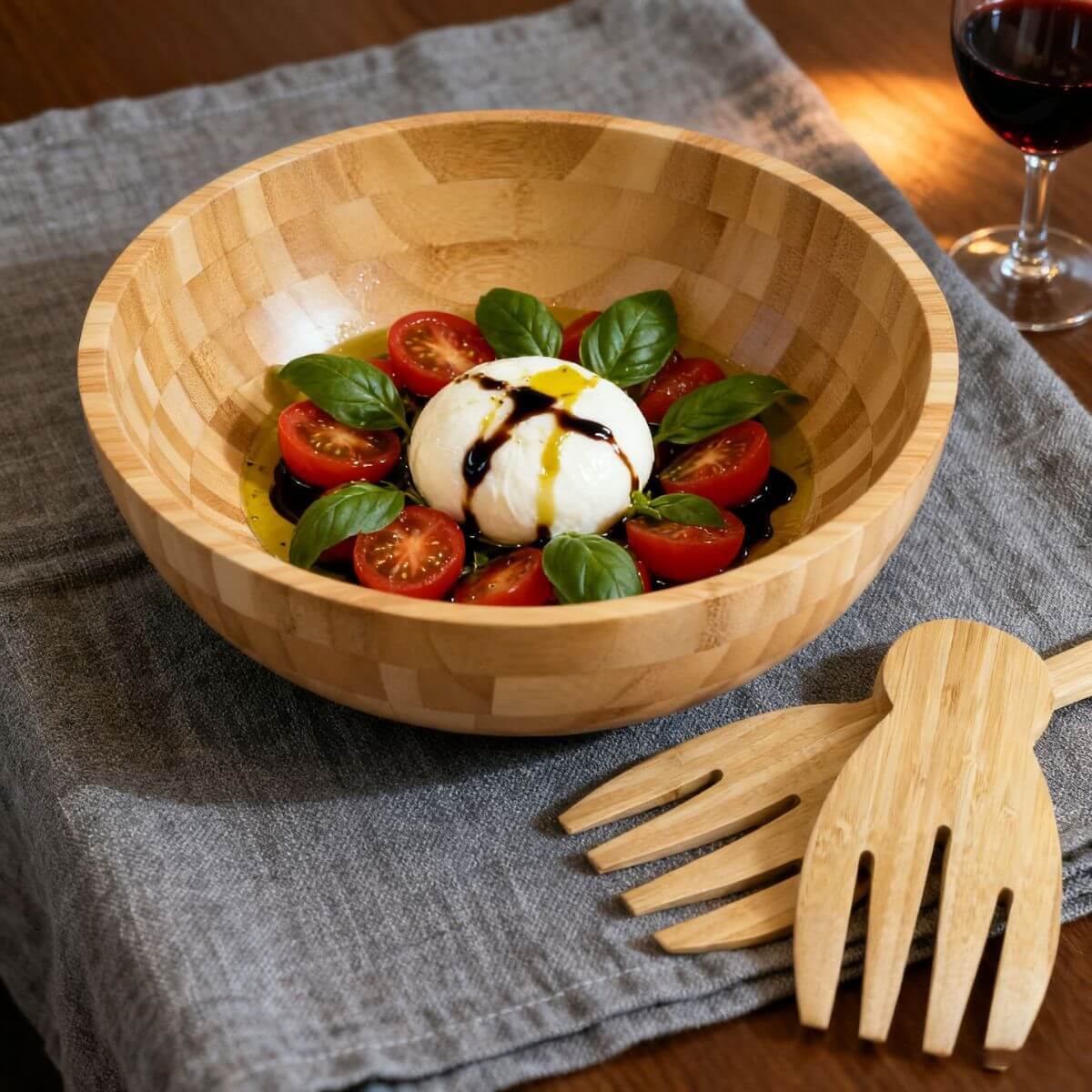 Round bamboo salad bowl on a table for family gatherings and parties.