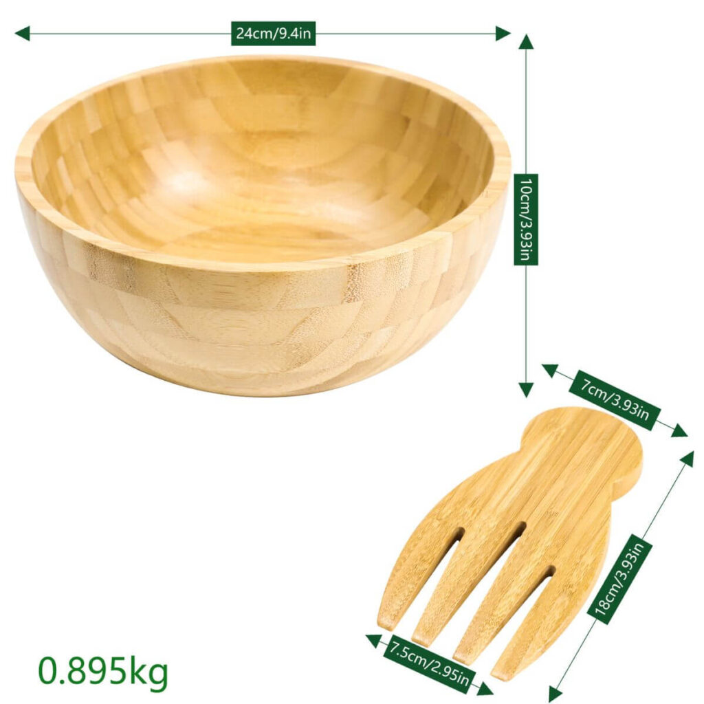 Round bamboo salad bowl dimensions: 9.4 inch diameter, 3.93 inch height.