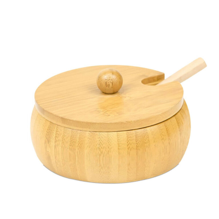 Round Bamboo Spice Jar with Knob & Spoon Notch
