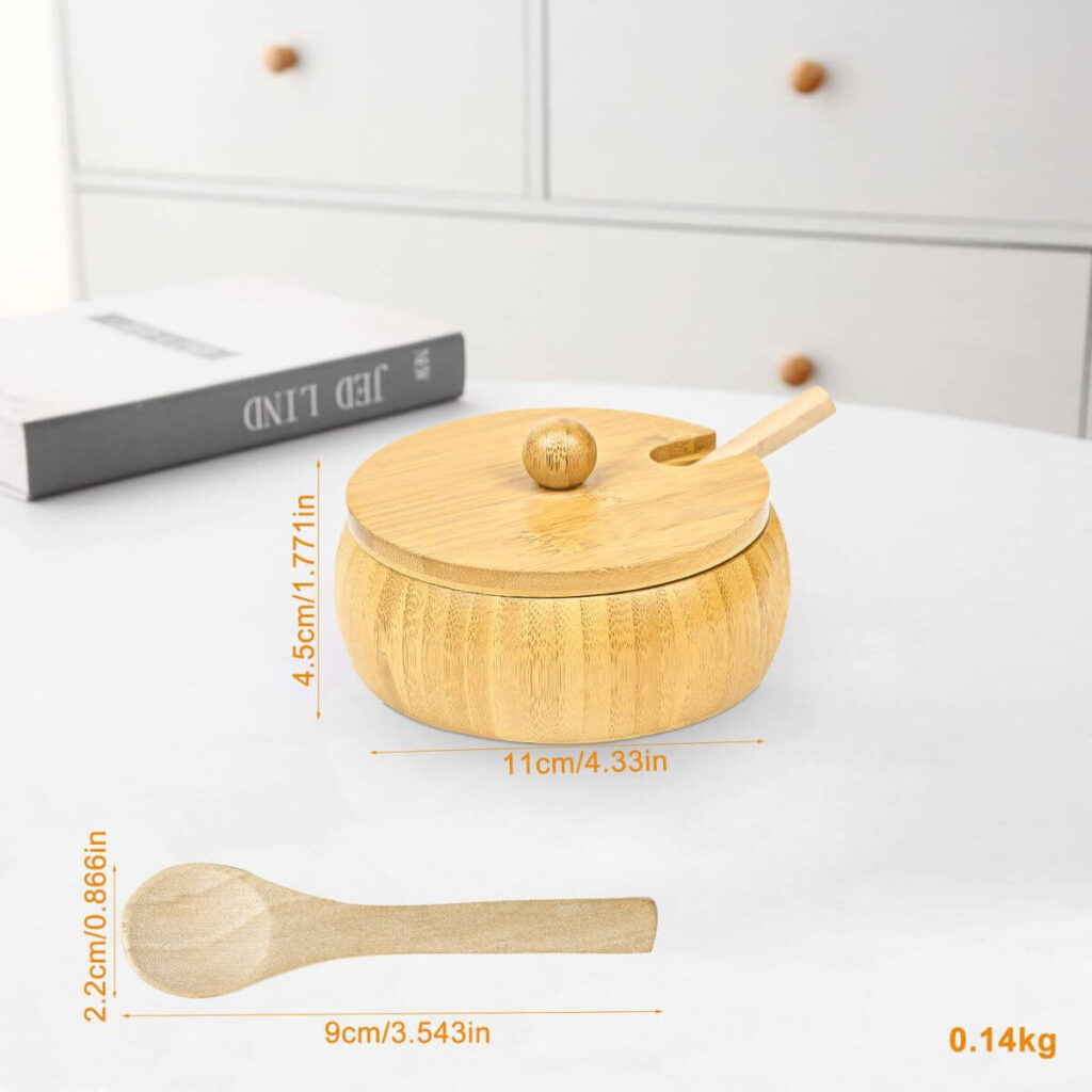 Round bamboo spice jar dimensions: 1.77 inch height, 4.33 inch diameter, 0.31 lb.
