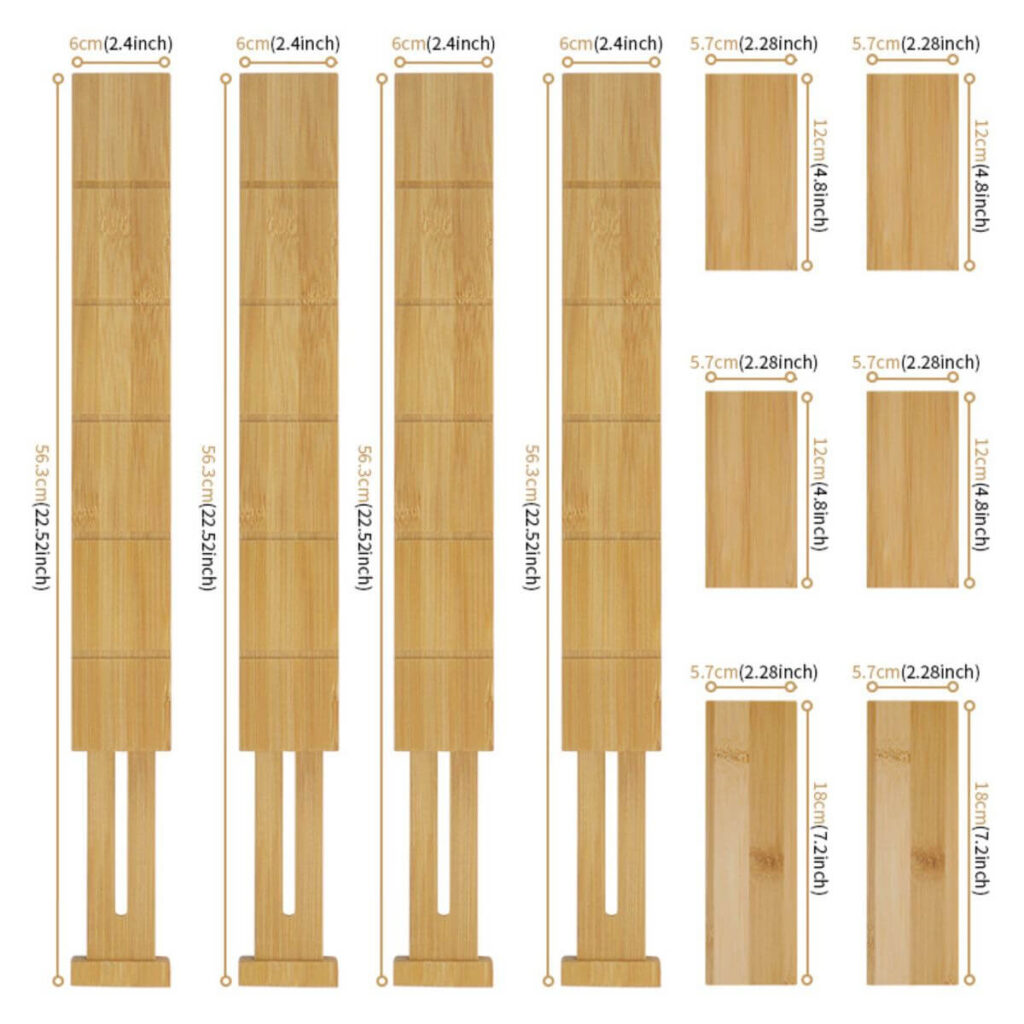 Seamless bamboo drawer dividers dimensions: 43–56.3 cm main dividers, 18/12/8 cm inserts, 6 cm height.