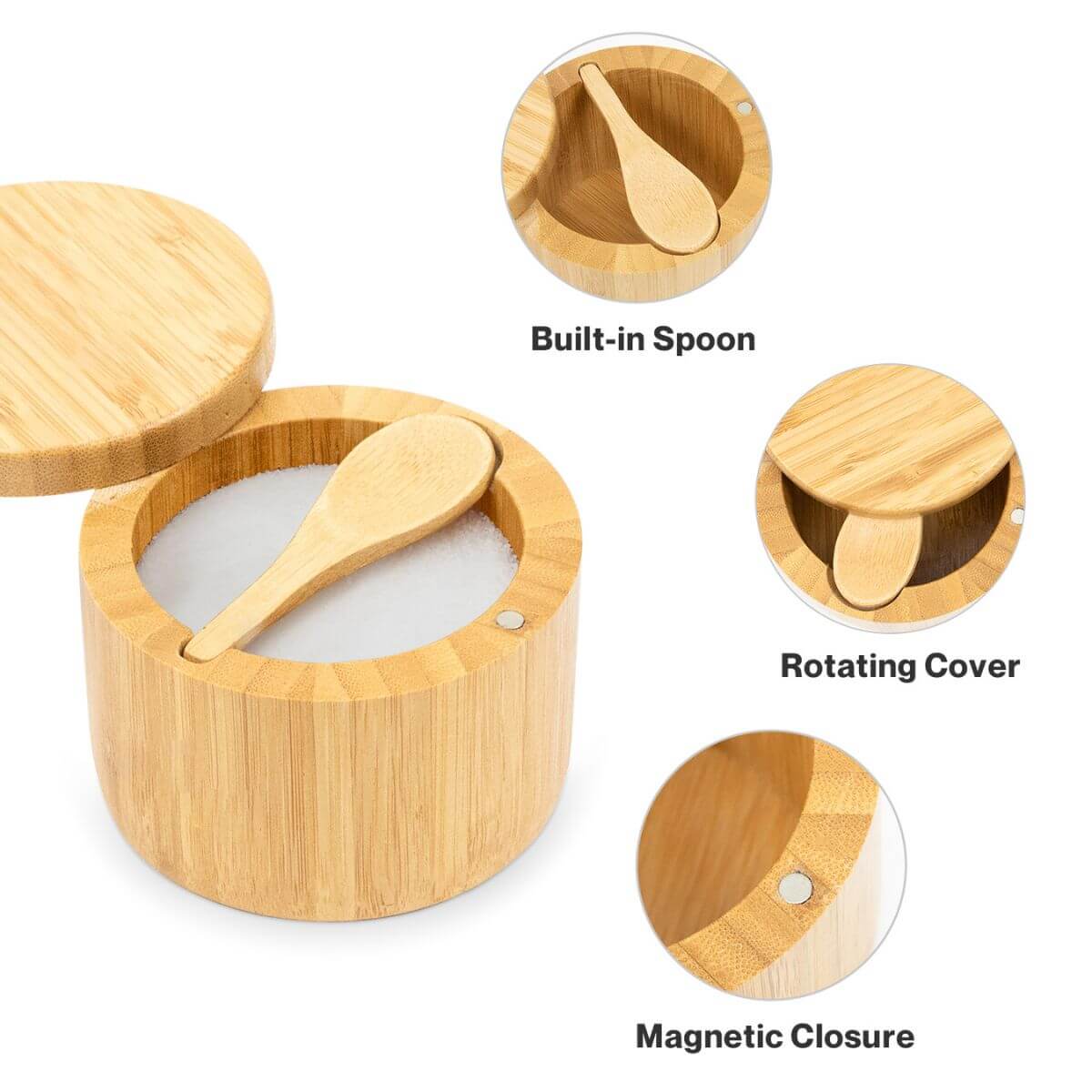 Built-in spoon, rotating cover, magnetic closure.