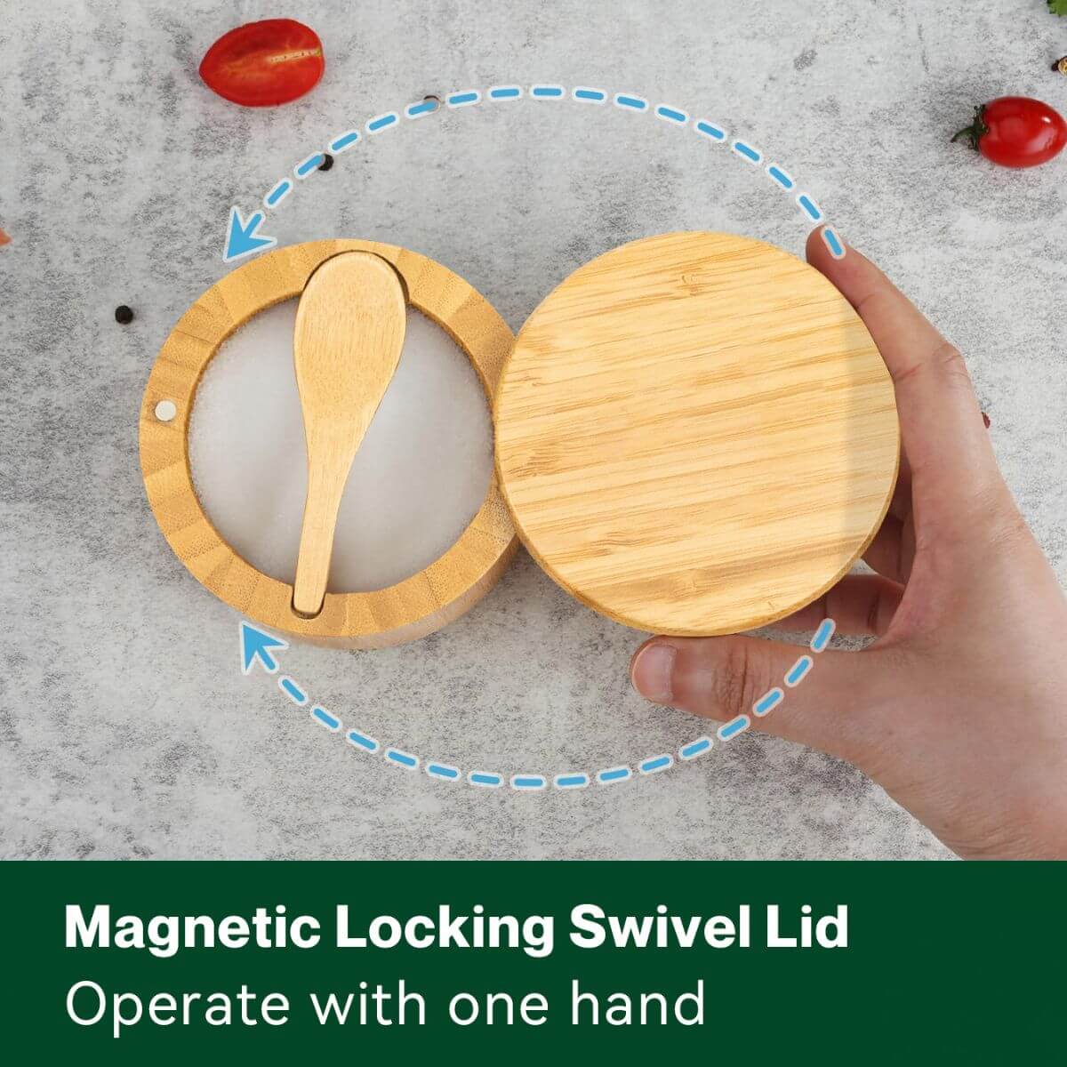 Magnetic locking swivel lid operates with one hand.