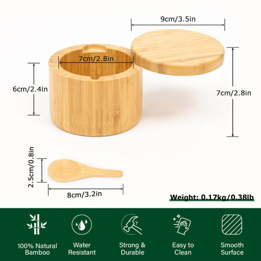 Single compartment bamboo salt cellar dimensions: 2.4-2.8 inch height, 3.5 inch outer diameter, 2.8 inch inner diameter, 0.38 lb.