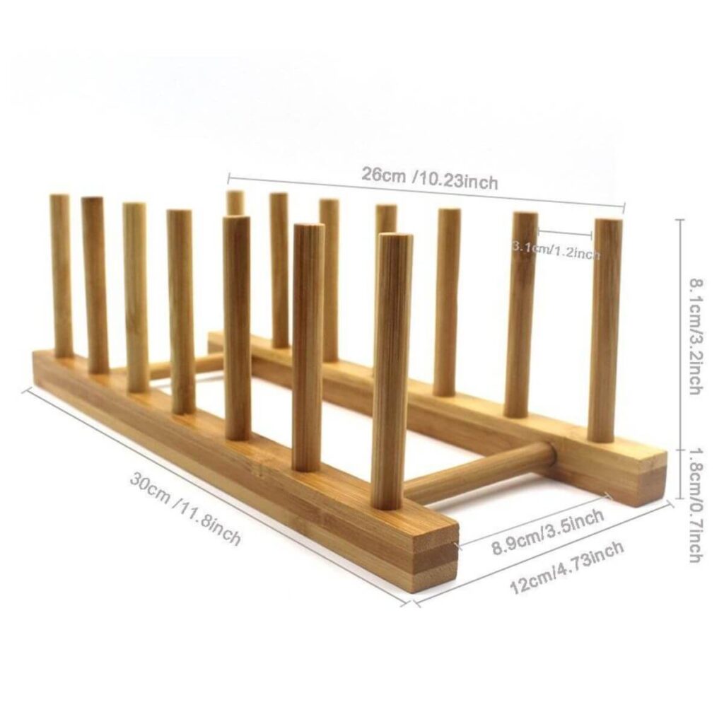 Single-tier bamboo dish rack dimensions: 11.8 inch length, 3.2 inch height, 0.7 inch frame thickness.