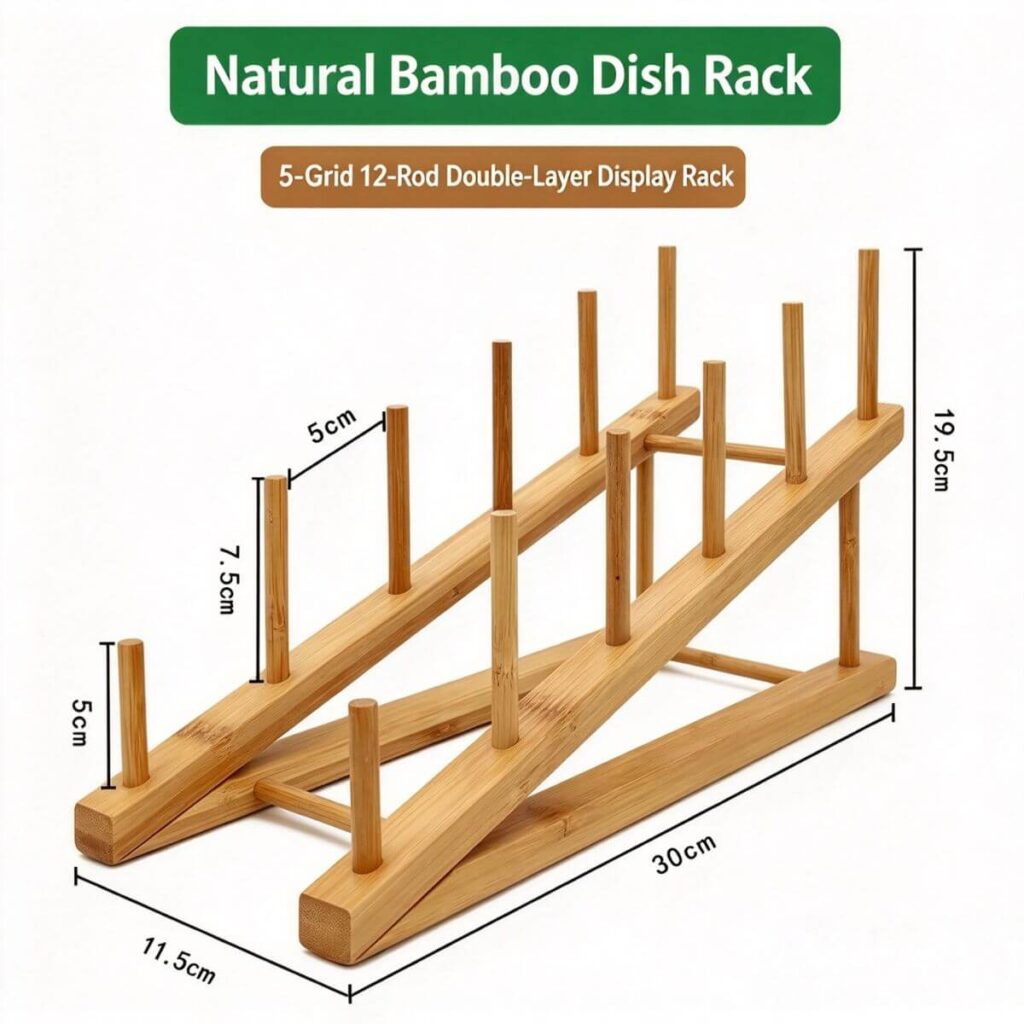 Slanted peg bamboo plate rack dimensions: 11.8 x 4.5 x 7.6 inches.