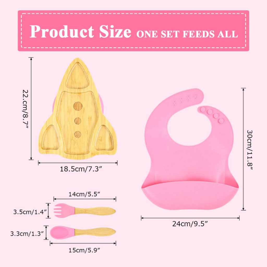 Space rocket bamboo divided plate dimensions: 8.7 inch height, 7.3 inch widest point, bib 30 cm.