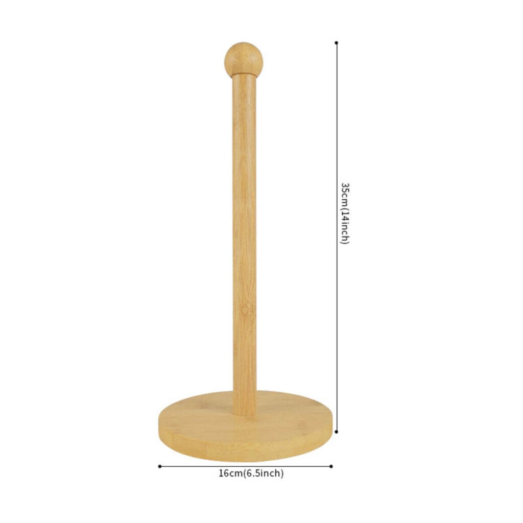 Standing bamboo paper towel holder dimensions: 14 inch height, 6.5 inch base diameter.