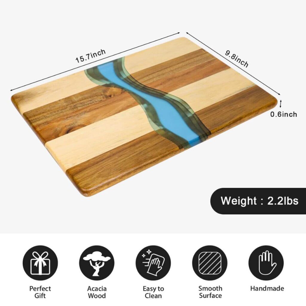 Two-tone acacia resin board dimensions: 15.7 x 9.8 x 0.6 inches, 2.2 lbs.