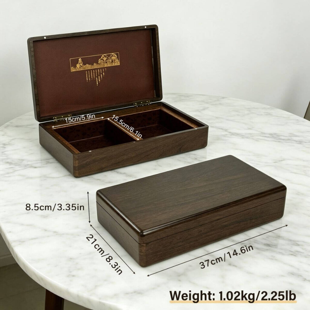 Walnut MDF storage box dimensions: 37 x 21 x 8.5 cm, 1.02 kg.