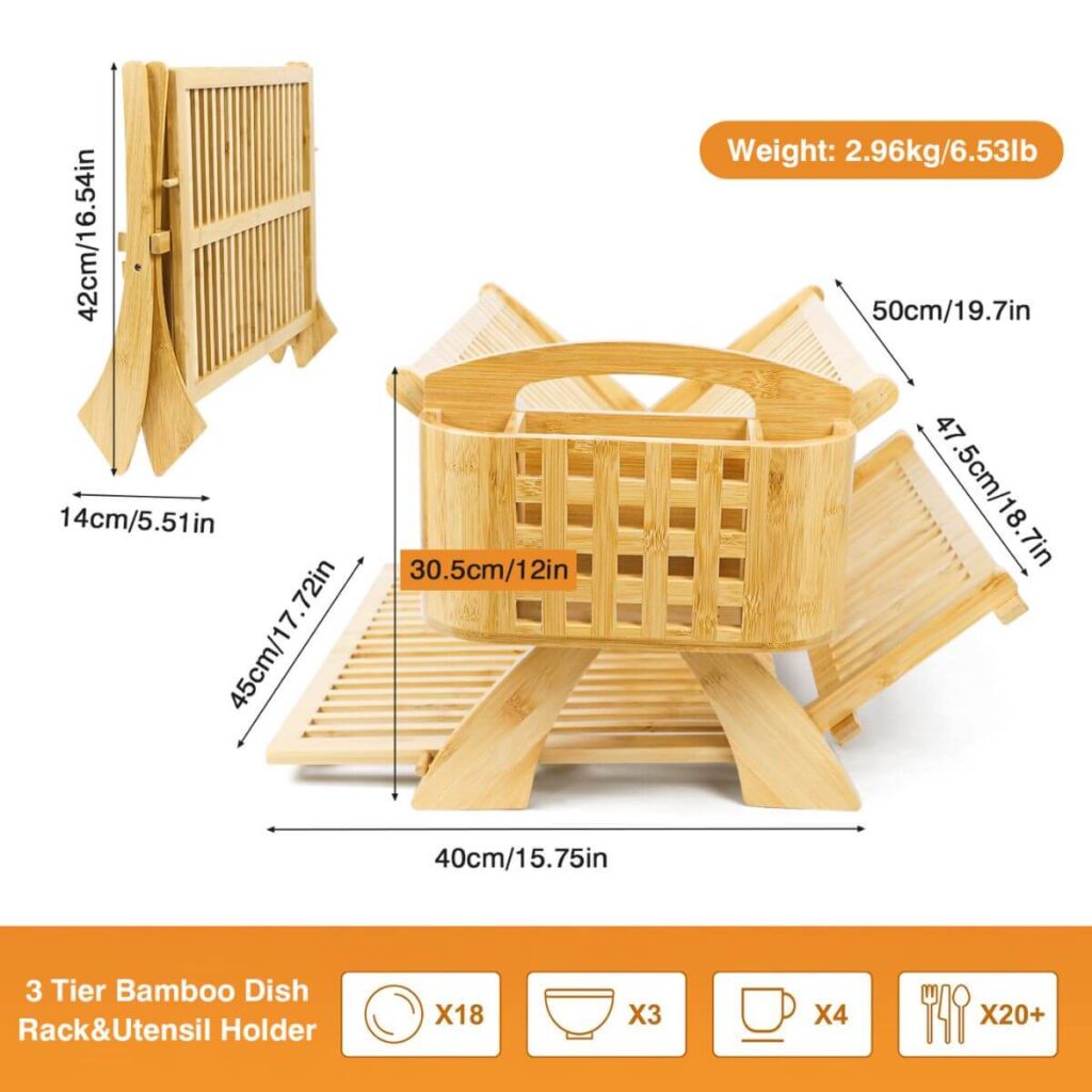 X-shape bamboo dish rack dimensions: expanded 15.75 x 18.7 x 19.7 inches, folded 5.51 x 16.54 inches, 6.53 lbs.
